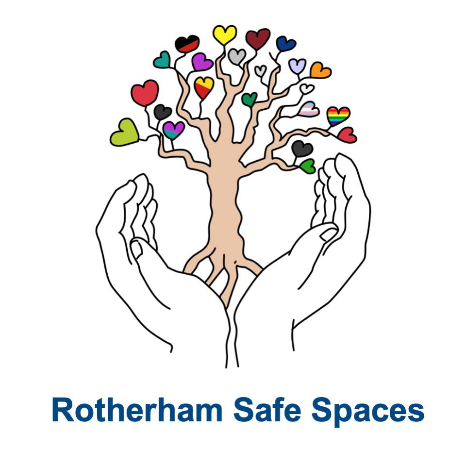 Image says Rotherham Safe Space and illustration shows two hands holding a tree with love hearts for leaves. 
