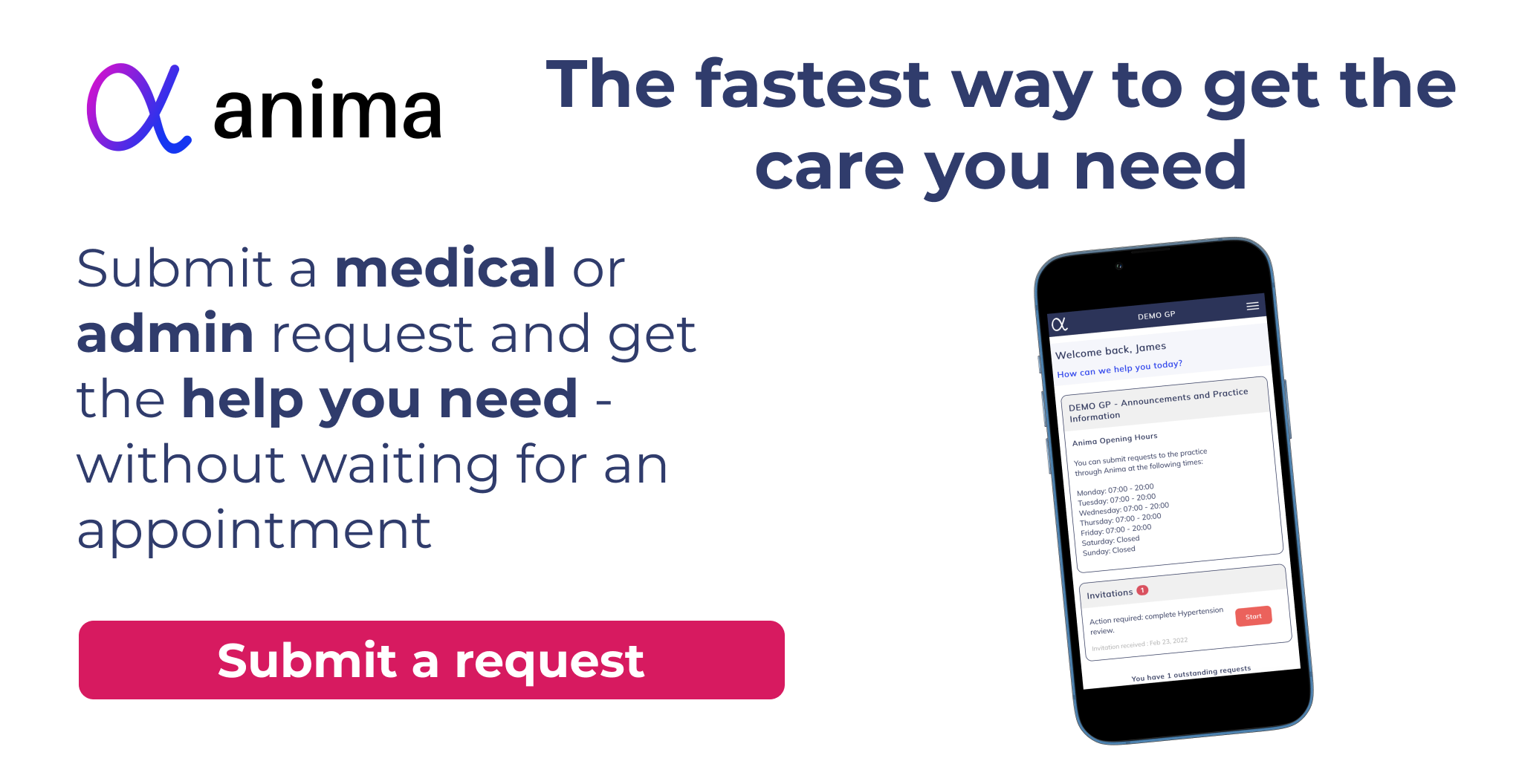 anima submit a medical or admin request - image shows  a mobile phone with the anima site on it