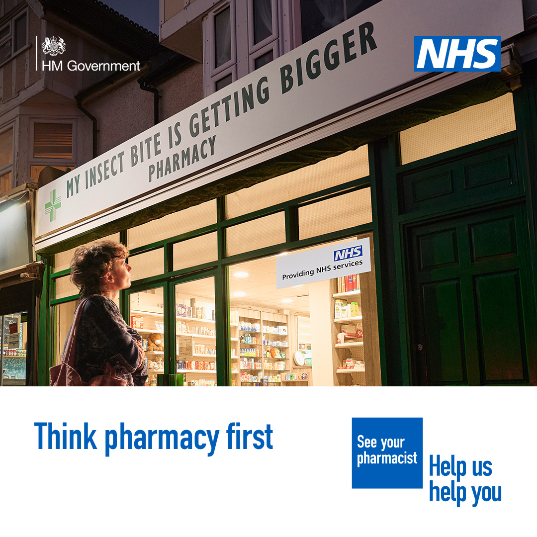 A person standing outside a pharmacy looking at a sign that reads "my insect bite is getting bigger"