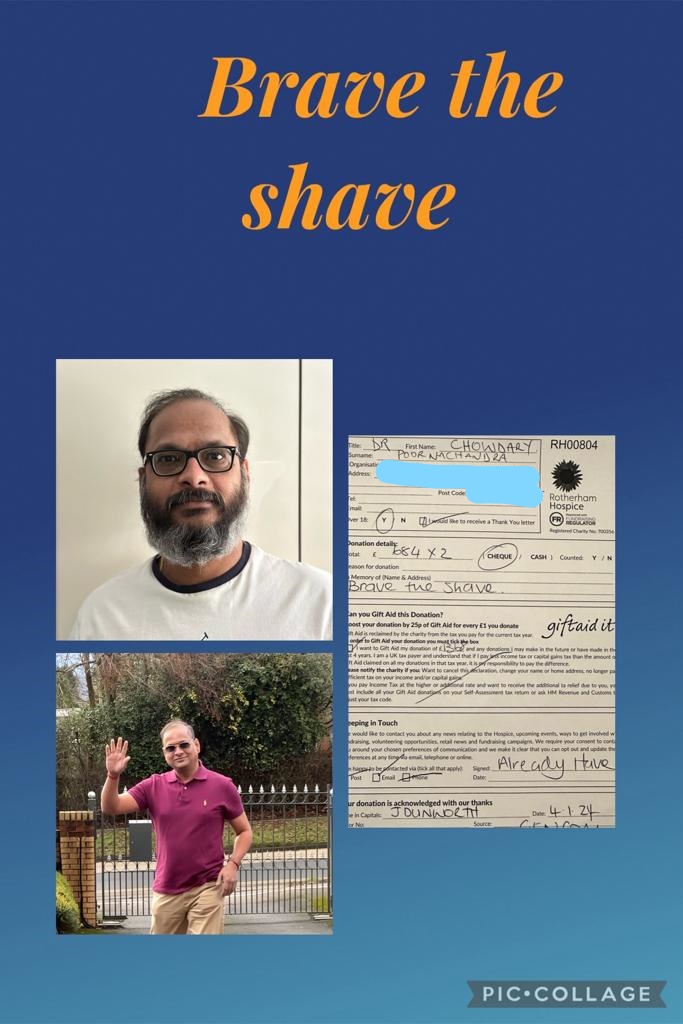 Image shows Dr Chandra with a beard and without a beard and an image of his donation receipt 